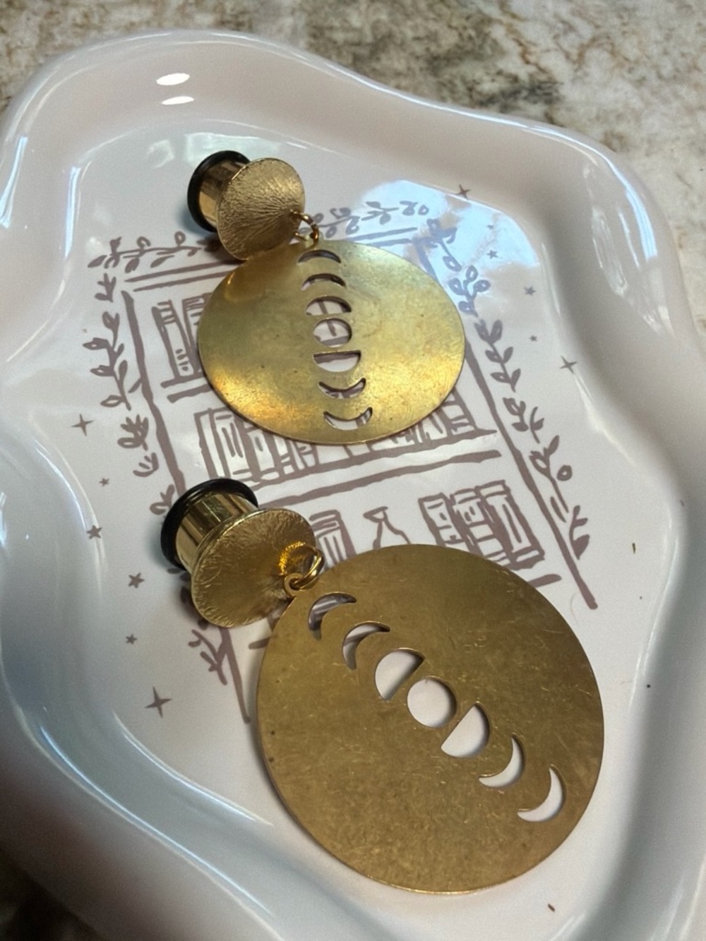 Gold Tone Moon Phase Gauged Earrings